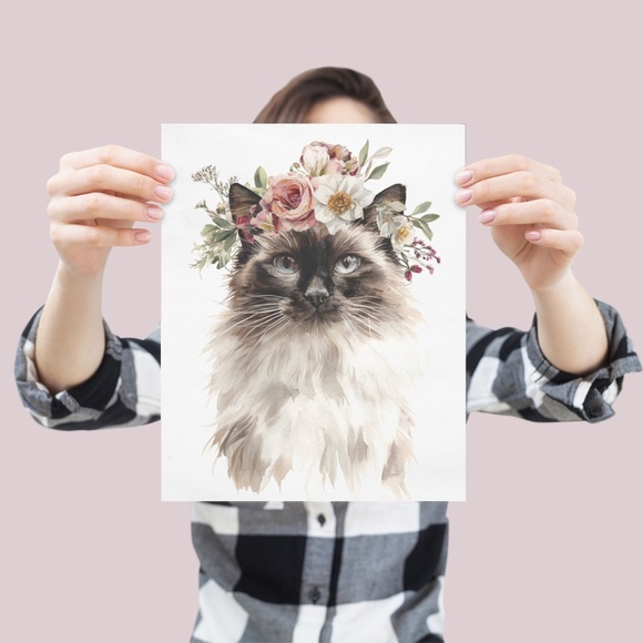 Watercolor Ragdoll Cat with Flower Crown Wall Art Print Unframed - Picture 4 of 7